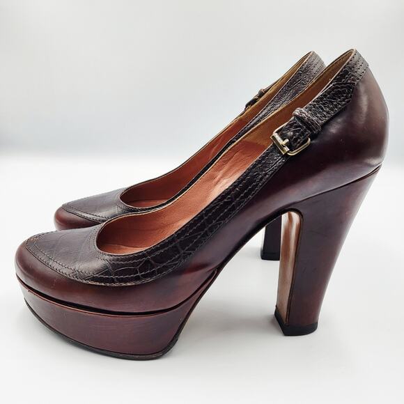 Clements Ribeiro Brown Leather Crocodile Embossed Platform Block Heels Size 6.5 - Picture 3 of 10